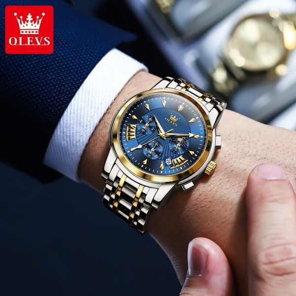 OLEVS Herrklockor Toppmärke Multifunktionell Chronograph Armbandsur Original Quartz Watch for Man Vattentät Lysande Date Moon silver blue