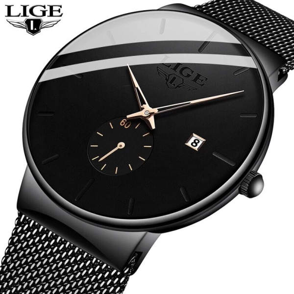 Mode Herrklockor Toppmärke Lyx Quartz Watch Herr Casual Slim Mesh Stål Vattentät Watch Relogio Masculino gold black