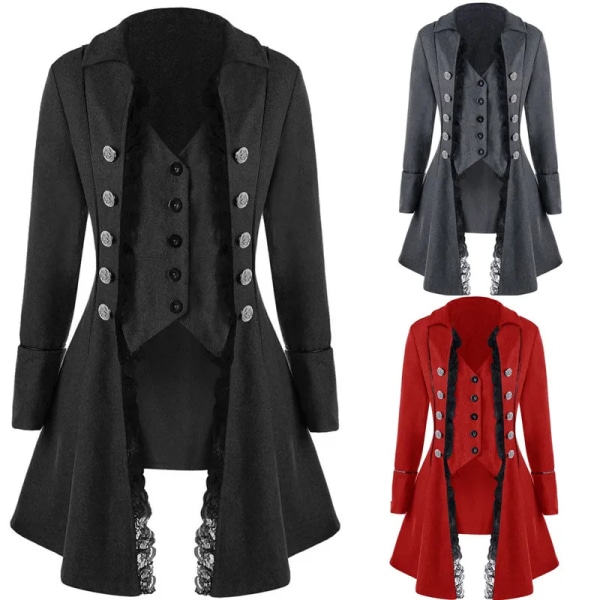 Kvinnor Medeltida Klänning Steampunk Pirate Cosplay Kostymer Spetskant Enkelbröst Jacka Kappa viktorianska gotiska kläder 3 S