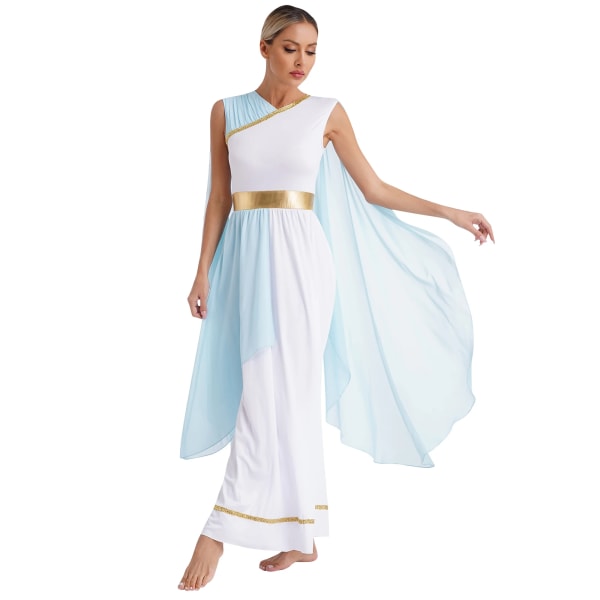 Kvinnors antika grekiska Toga Senator Caesar kostym Atensk prinsessa romerska kejsarinnan lång klänning Robe för Halloween Cosplay Party Light Blue S