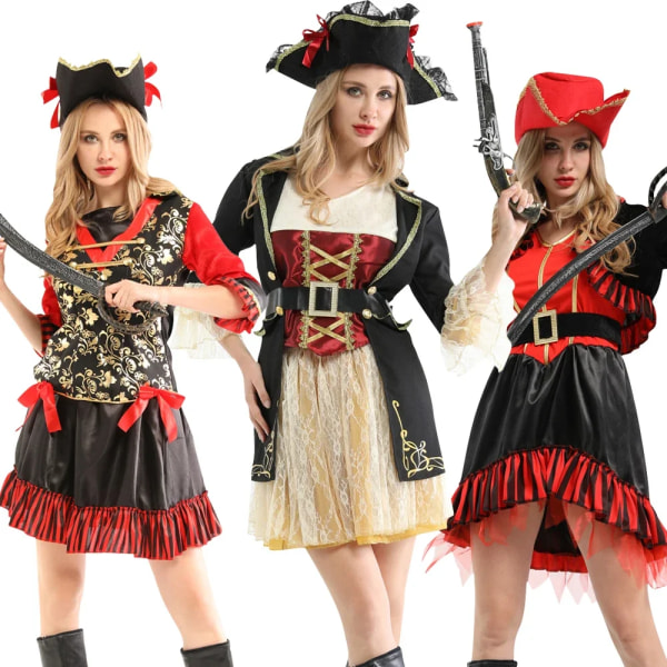 Carnival Pirate Cosplay Kostymer Karibiska pirater med hatt Huvudbonader Julfest Vuxen damklänning Inga vapen W-0003 M