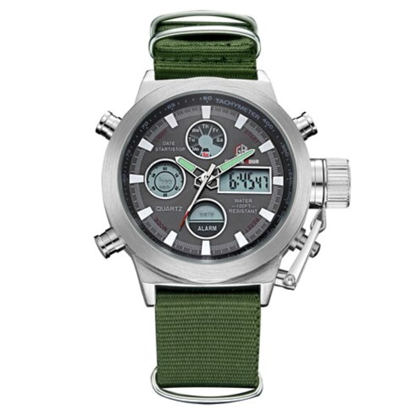 GOLDENHOUR Sport Män Armbandsur Mode Män Watch Nylon Week Display Army Militär LED-klocka Relogio Masculino silver