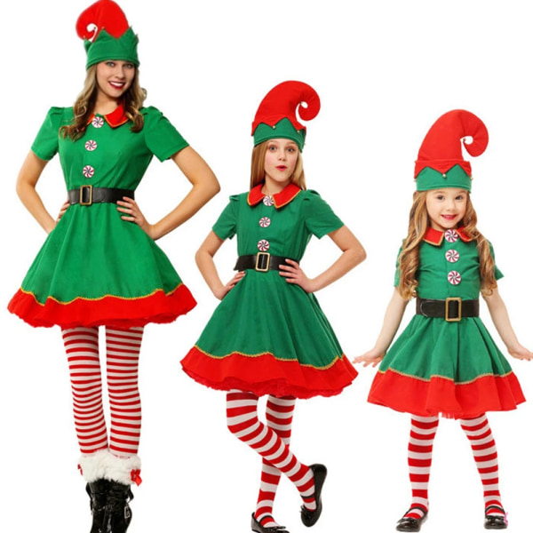 Jultomtekostym Grön tomte Cosplay Familj Karnevalsfest Nyår Fancy Dress Kläder Set För män Kvinnor Flickor Pojkar Boys Costume Height 130CM