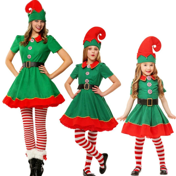 Jultomtekostym Grön tomte Cosplay Familj Karnevalsfest Nyår Fancy Dress Kläder Set För män Kvinnor Flickor Pojkar Boys with Elf Ears Height 160CM