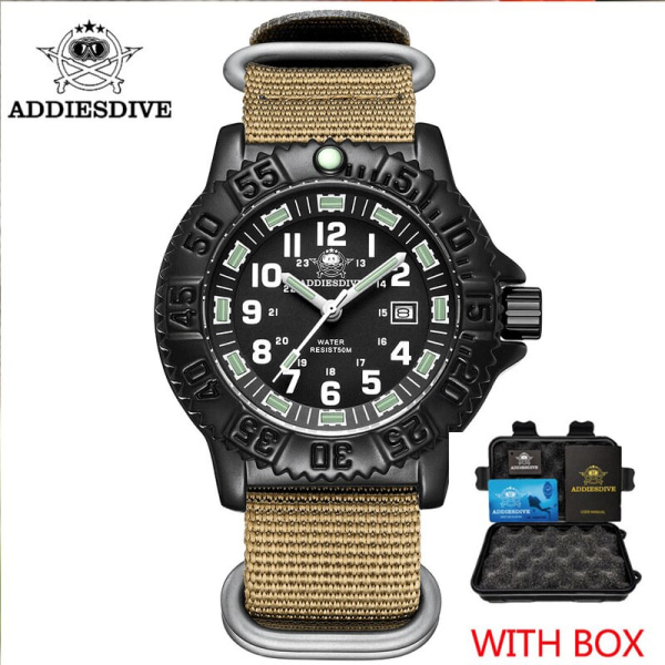 ADDIES Watch Watch för män Lysande rör NATO Nylon Lyxig rostfritt stål Sport herrkvartsklocka Mode Watch Khaki nylon box