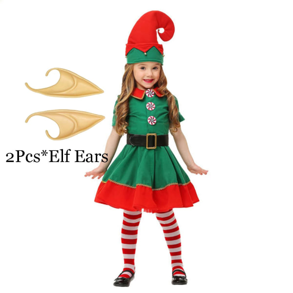 Jultomtekostym Grön tomte Cosplay Familj Karnevalsfest Nyår Fancy Dress Kläder Set För män Kvinnor Flickor Pojkar Girls with Elf Ears Height 110CM