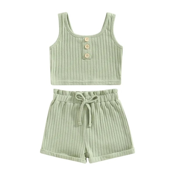 Sommar Toddler Baby Flickor Outfit Kläder Set Enfärgad knappväst + Ribbade dragsko Shorts Baby Barnkläder green 12 18Months