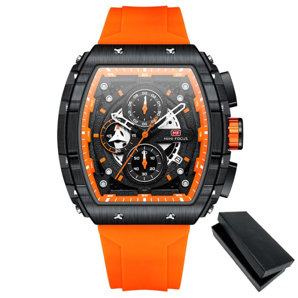 MINI FOCUS Chronograph Quartz Watch for Herr Tonneau Dial Military Sport Armbandsur Hane med orange silikonrem Auto Date Orange