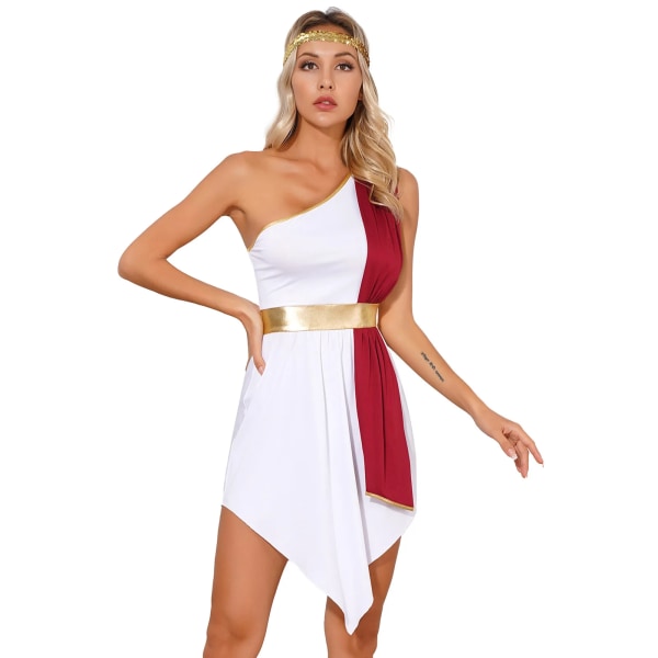 Kvinnors Halloween antik grekisk romersk gudinna Cosplay kostym Klänning med en axel med pannband Cleopatra Rollspel Toga Robe Blue L