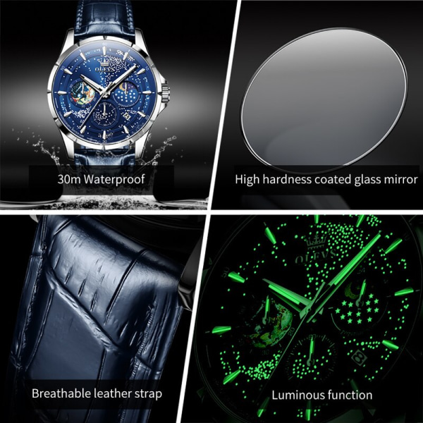 OLEVS Original Quartz Watch för män Starry Sky Date Moon Phase Lysande vattentät läderrem Business Herr Quartz Watch blue black5538