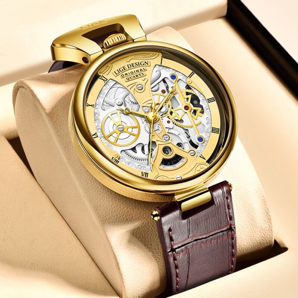 LIGE Watch Creative Quartz Watches Mode Casual Vattentät Auto Date Läderband Lyx Watch Herr Gentleman Present+box Gold