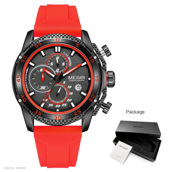MEGIR Watch för män Mode Silikonband Chronograph Quartz Armbandsur med Auto Date Lysande visare 3atm Vattentät 2211 2211Red