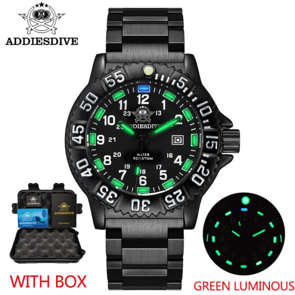 ADDIES Vattentät Militär Quartz Klockor Luminous Chronograph Stop Watch Lyx Silicagel Arm Lysande rör Dykning Watch Steel green box