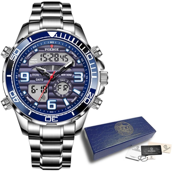 Nya LIGE mode militära klockor för män lyxiga original sport kronograf watch ? Vattentät kvarts armbandsur klocka gåva SILVER BLUE