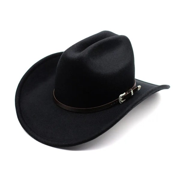 Retro enkelt läderband imitation kashmir kvinnor män stor bred brätte cowboy western hatt Cowgirl cap 56 59 cm Black