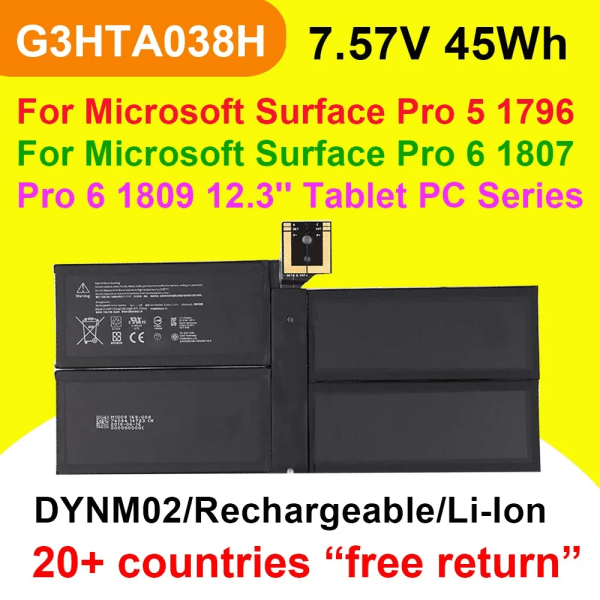 Laptopbatteri G3HTA038H DYNM02 Tablet för Microsoft Surface Pro 5 1796, Pro 6 1807 1809 12,3'' Series Batterier 7,57V 45Wh