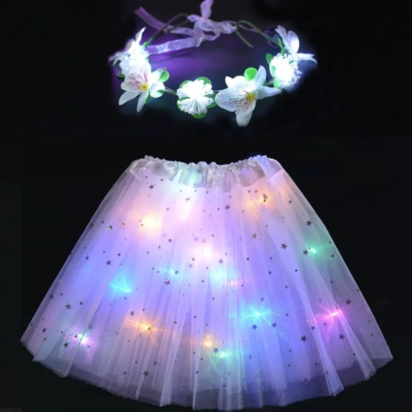 Flicka Kvinnor Flower Fairy Light Up Tutu Led-kjol Star Glow Pannband Krans Party-vit kjol white skirt for  2-8 years