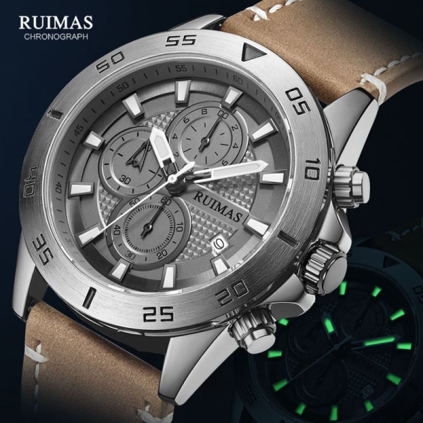 MEGIR & RUIMAS 2020 Chronograph Quartz Watches Herrmode Lyxigt Läderarmband Armbandsur Casual Vattentät Lysande Watch Man Rose blue