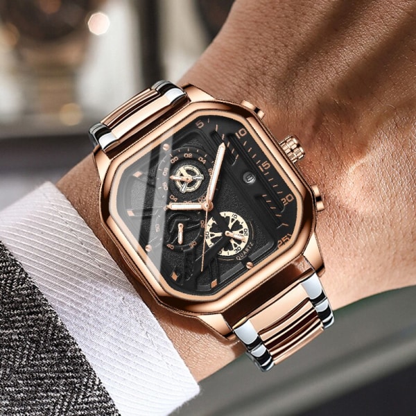 Square Chronograph 2023 Casual Fashion Watch för män Läderklocka Luxury Business Armbandsur Vattentät watch black gold