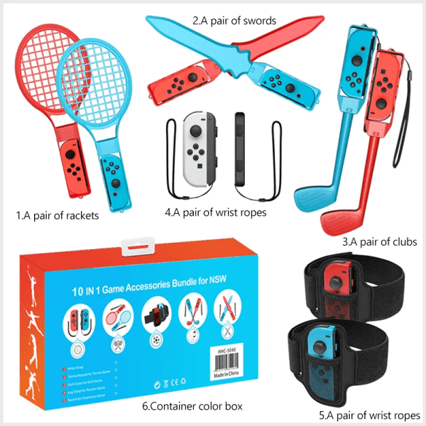 10 i 1 Switch set Golfklubba/tennisracket/benrem/spel Lightscabe för Nintendo Switch speltillbehör 10pcs set