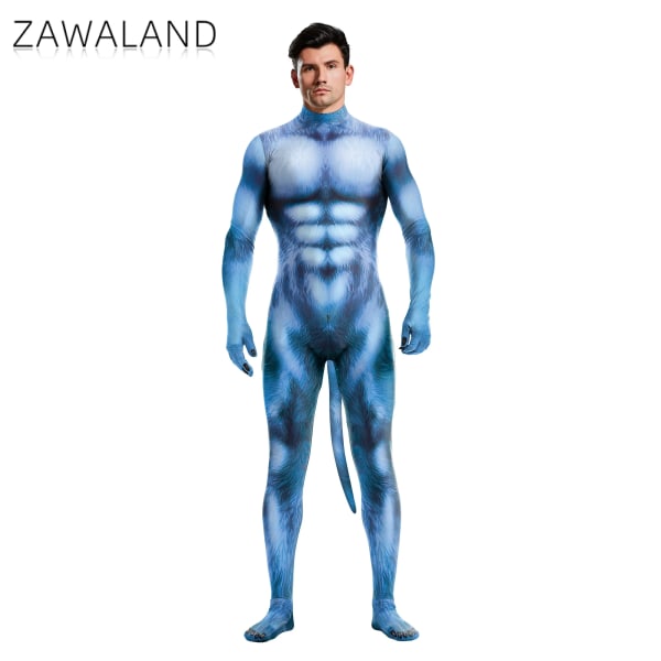 Zawaland blå lurviga kostymer män Halloween kläder med svans gren Dragkedja Zentai kostym Rolig parfest outfit karneval B273-1003 S
