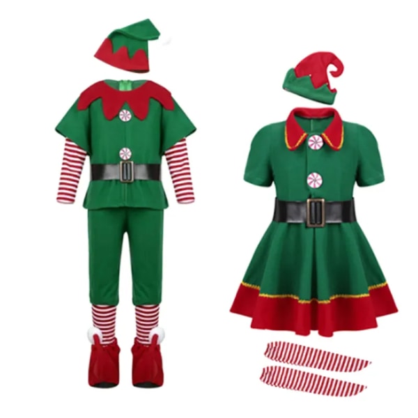 Familjens jultomtekostym för flickor Pojkar Green Elf Cosplay Nyår Fancy outfit Juldräkt för barn Vuxen Style A Height 150-160cm