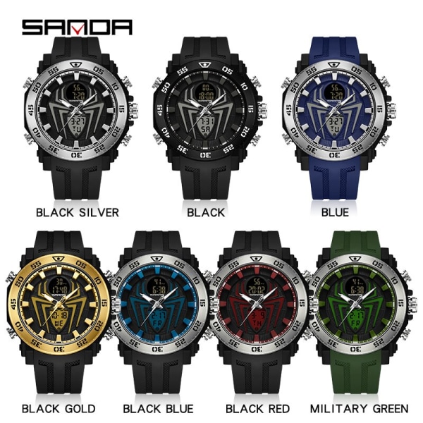 SANDA Herr Militärklockor Big Spider Dial Watch LED Digital vattentät watch Herr Multifunktion Dual Display Klocka Relogio black