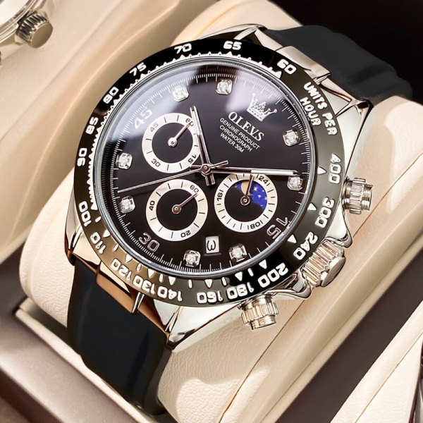 OLEVS klockor för män Chronograph Analog Quartz Watch Moon Phase Silikon Diamant Vattentät Lysande Quartz Armbandsur black 2875
