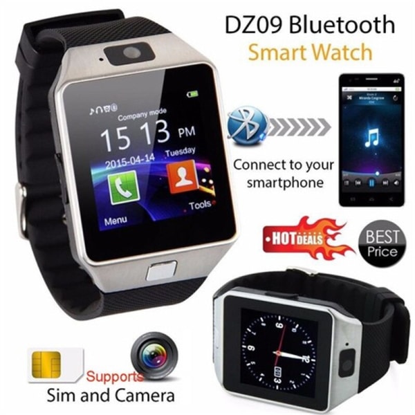 Bluetooth Smart Watch DZ09 Bärbar Armbandstelefon Watch 2G SIM TF-kort för Xiaomi Samsung Android Smartphone Smartwatch Män Kvinnor Silver Black