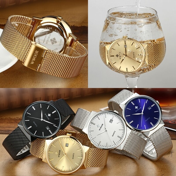 Män Simple Slim Watches Lyxmärke Guld Stål Mesh Ultra Tunt Vattentätt Date Watch Herr Guldklocka Med Box Pack gold gold box