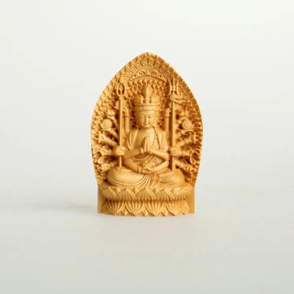 Utsökt bönlåda i trä med Guan Yin & Eight Buddha - Acalanatha träsnidad statydekor för en lugn hemstämning