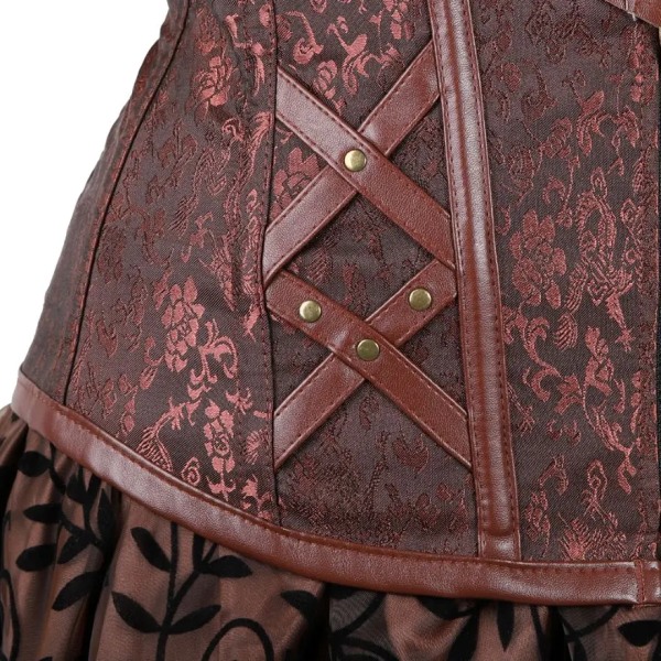 Gotisk Steampunk Korsettklänning för kvinnor Piratkostym PU-läderkorsett Bustier Underkläder Topp med asymmetrisk blommig spetskjol Set 8105black7056black 4XL