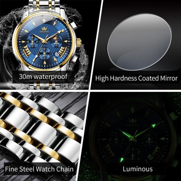 OLEVS Herrklockor Toppmärke Multifunktionell Chronograph Armbandsur Original Quartz Watch for Man Vattentät Lysande Date Moon gold white