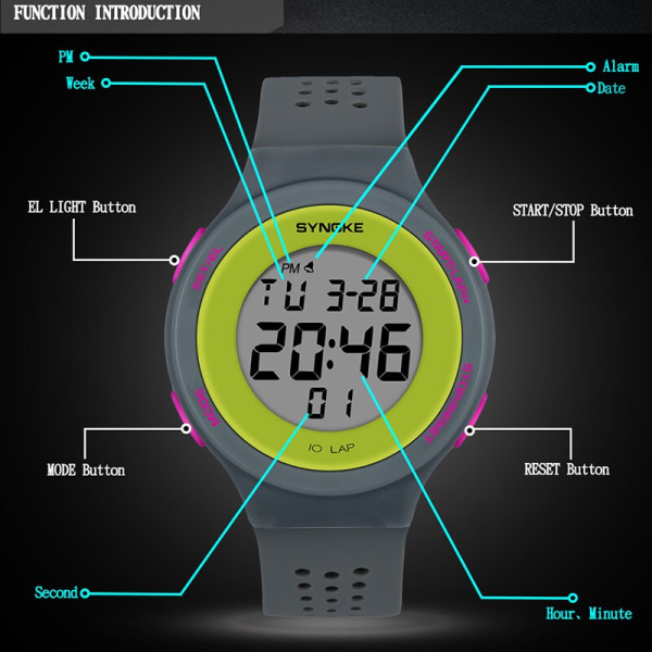 SYNOKE Watch 30M Vattentät Militär LED-skärm Multifunktionell väckarklocka Digitala klockor Herr reloj hombre Black Watch