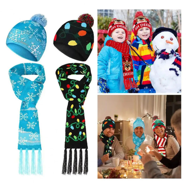 Färgglad Led Cap Vibrerande Led Jul Mössa Scarf Set Snowflake Santa Print Festlig Tofs Mössa För Unisex Red