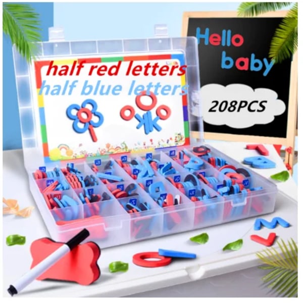 Magnetiska bokstäver 208 st. Stora små bokstäver Skum Alfabet ABC Magneter för Kylskåp Kylskåp Pedagogiska leksaker Set half red half blue