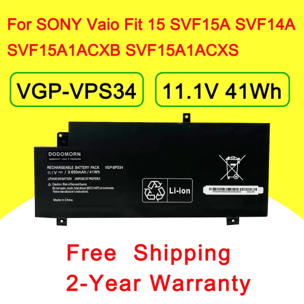 Laptopbatteri VGP-BPS34 för SONY Vaio Fit 15 SVF15A SVF14A-serien SVF15A1ACXB SVF15A1AC XS SVF14A SVF14AC1QU 11,4V 41Wh 3650mAh