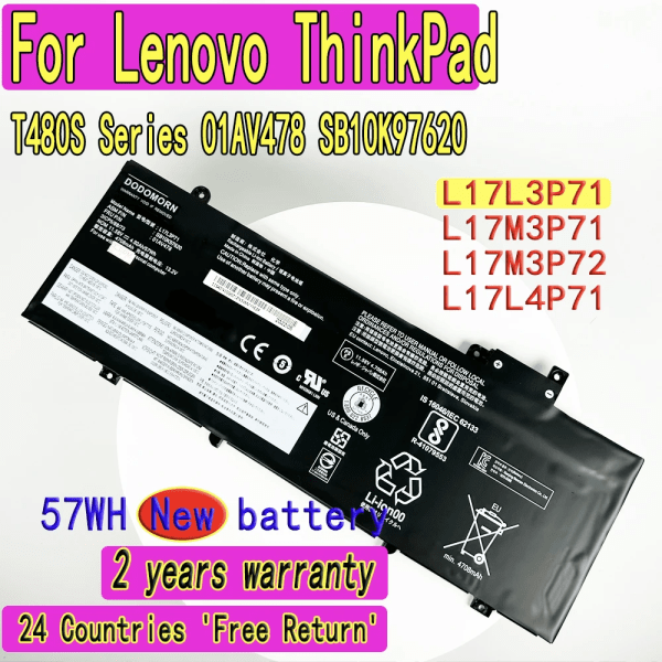 Laptopbatteri högkvalitativt L17L3P71 för Lenovo ThinkPad T480S Series 01AV478 SB10K97620 01AV479 01AV480 L17M3P71 L17S3P71