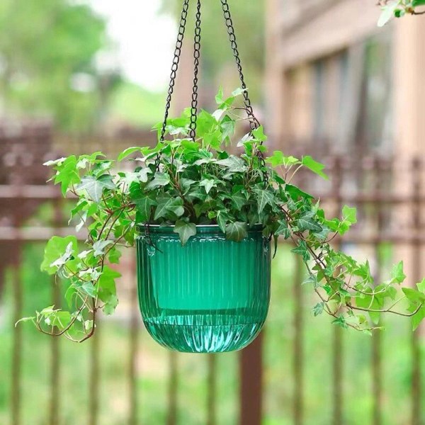 2-pack självvattnande planteringskärl hängande blomkrukor inomhus, 6,5 tums hängande krukkorg utomhus (smaragd + grå)