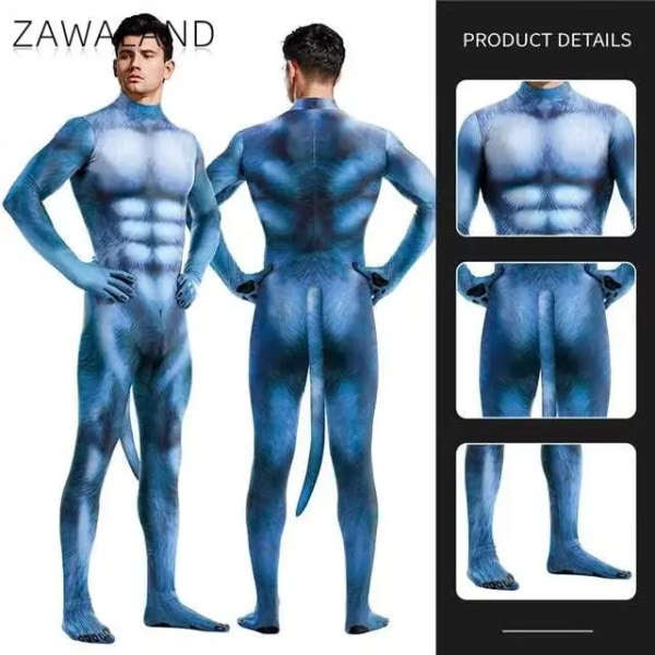 Zawaland blå lurviga kostymer män Halloween kläder med svans gren Dragkedja Zentai kostym Rolig parfest outfit karneval B273-1002 M