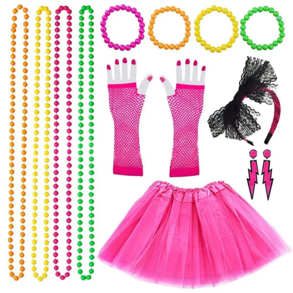 Kvinnor 80-tals kläder Tillbehör Prinsess Festkostym Set Tutu Kjol Neon Näthandskar Pärlhalsband Armband Örhängen 40 Pink One Size