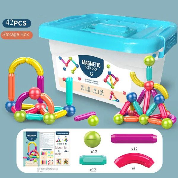 Montessori Magnets Blocks Leksak för barn 2 till 5 år gammal flicka Pedagogiskt magnetiskt set Byggstensspel för barn 42pcs-Storage Box