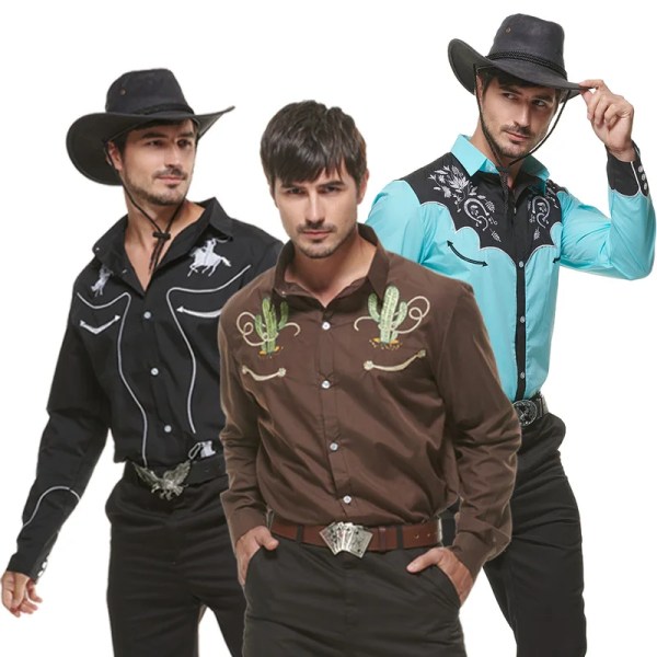 2022 nya västerländska skjortor för män svart cowboy halloween kostym för vuxen Bekväm knappad skjorta långärmad passande fest Auburn M