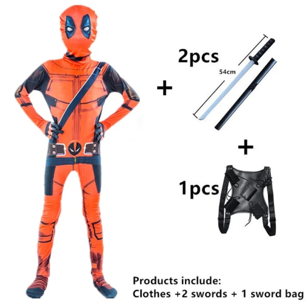 Deadpool Kostym Superhjälte Cosplay Kostymer Superhjälte Barn Bodysuit 3D stil Halloween Cosplay Kostymer Svärdpåse 5 130CM