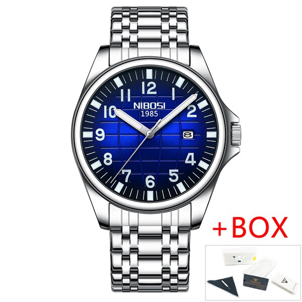 2023 NIBOSI Top Brand Quartz Watch Herr Vattentät Sport Militär Armbandsur Herr Business Rostfritt Stål Man Klocka Reloj Hombre Silver Blue