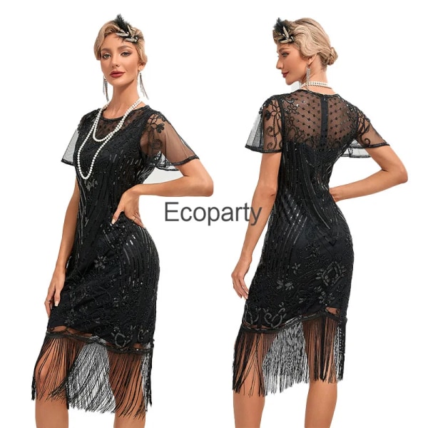 Ny 1920-tals vintage paljettklänning för kvinnor pärlfransar kvällsfestklänning Great Gatsby Charleston klänningar Cocktailbollskostym black gold 2XL
