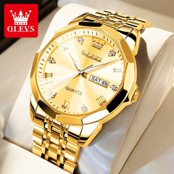 OLEVS Herrklockor Guld Original Quartz Armbandsur Vattentät Lysande watch för manlig Rhombus Spegel Date Week Lyxklänning all gold