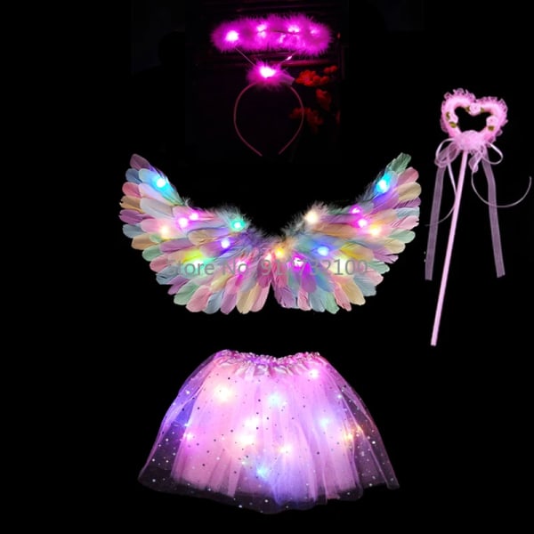 Angel Cosplay Light Tutu Kjol Hårband Glow Feather Wing Födelsedag LED Party Kostym-4st set 19 4pcs set 19 for 2-8years kids