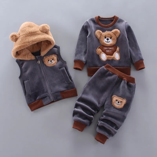 Baby Pojkar och Flickor Kläder Set Tricken Fleece Barn Huva Ytterkläder Toppar Byxor 3 ST Kläder Barn Toddler Varm kostym kostym Gray 3T