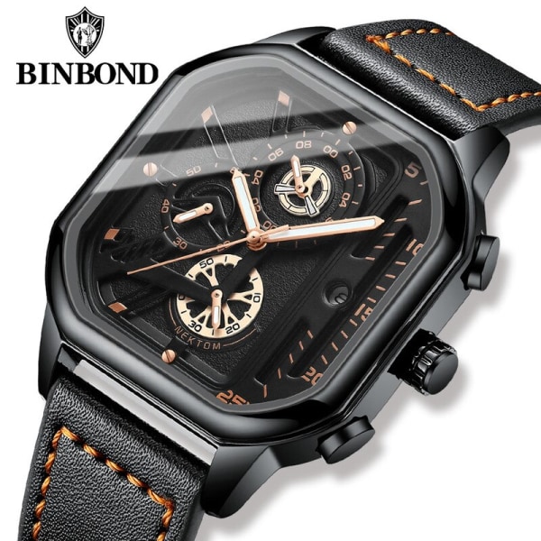 Square Chronograph 2023 Casual Fashion Watch för män Läderklocka Luxury Business Armbandsur Vattentät watch black gold